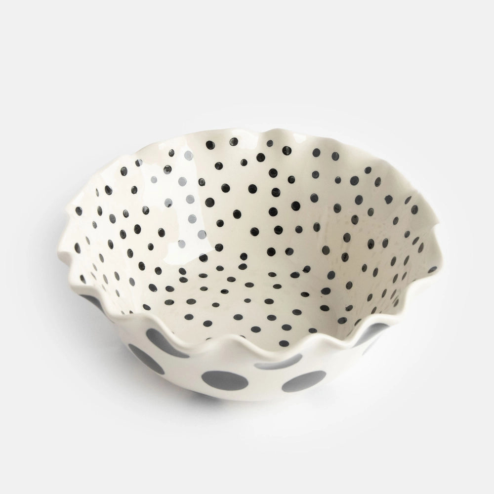 Large Mono Spots scalloped bowl with polka dots in hand-painted glazed stoneware