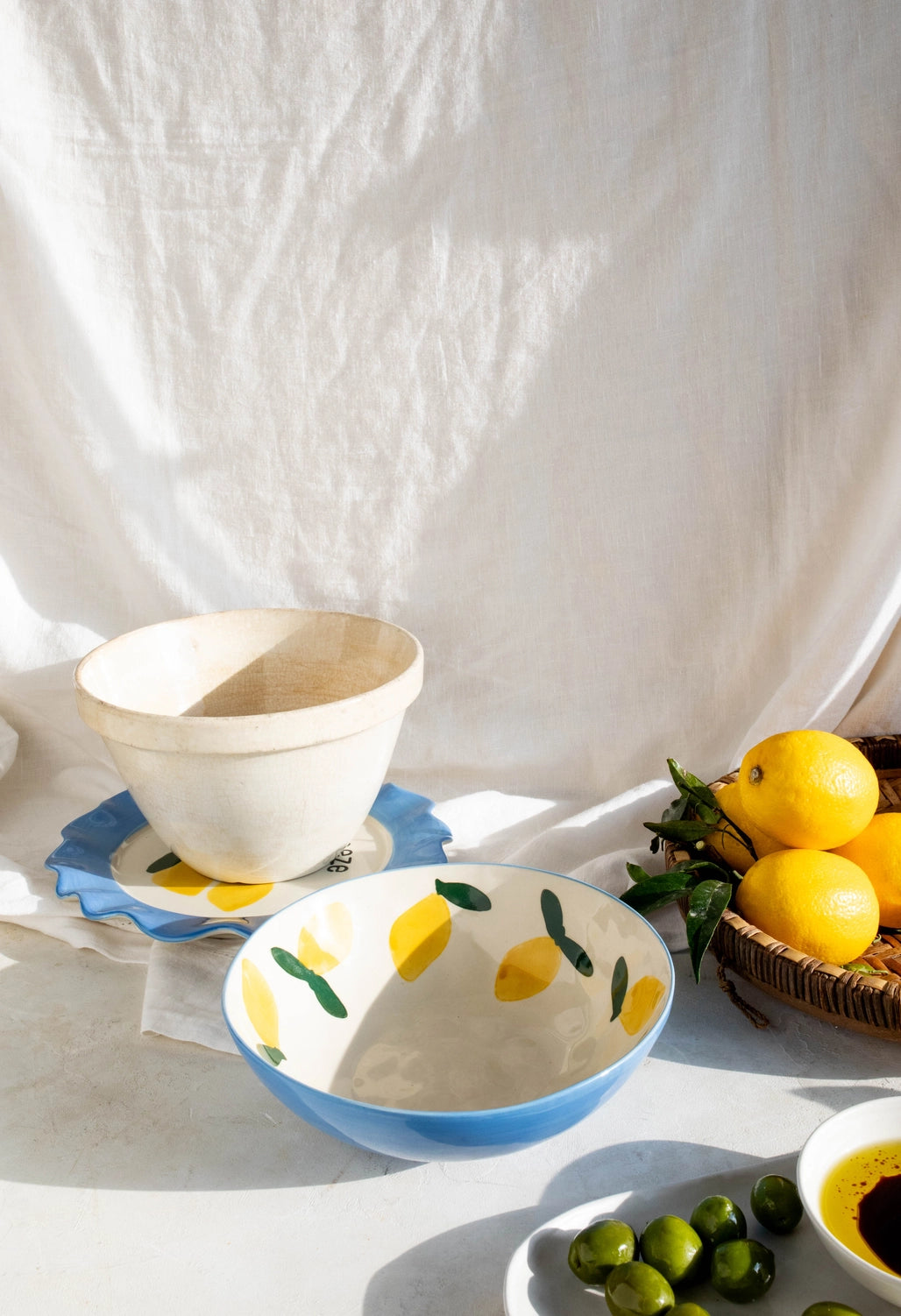 Hand-painted blue stoneware lemon bowl