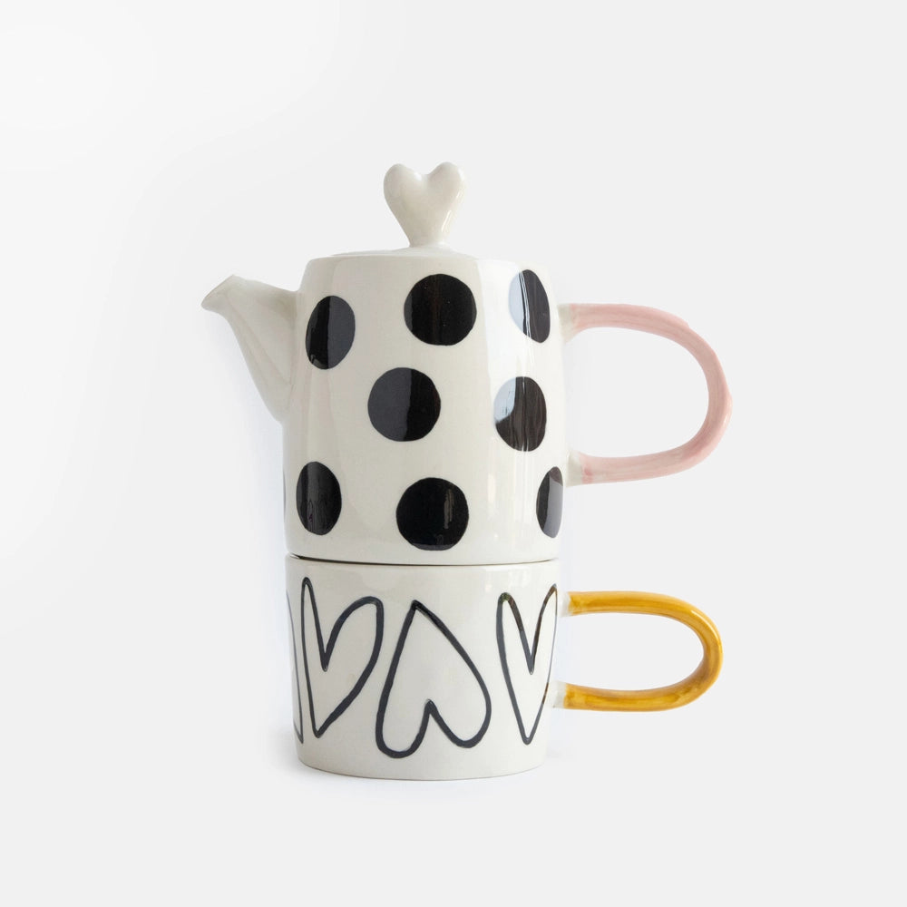 Mono Spots &amp; Hearts tea set for one person with teapot and mug – gift box