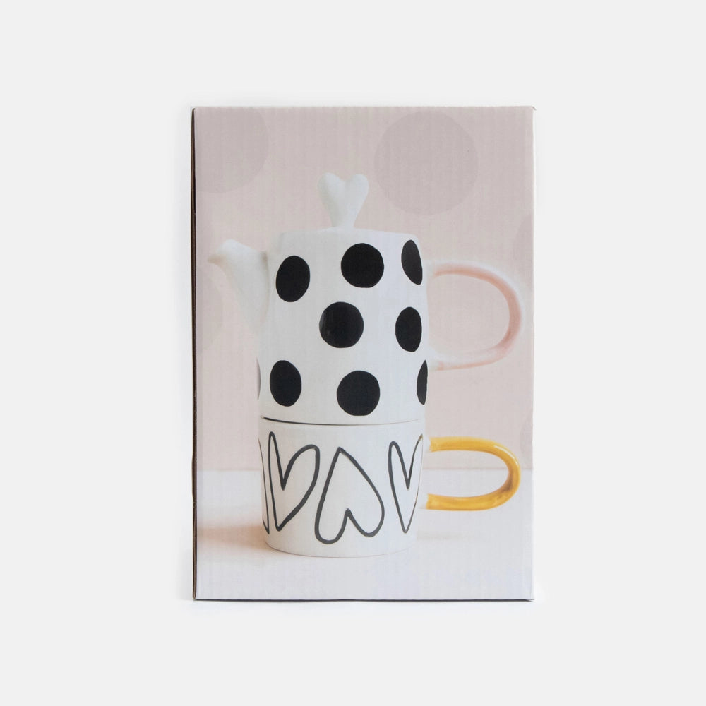 Service à thé pour une personne Mono Spots & Hearts avec théière et mug – boîte cadeau