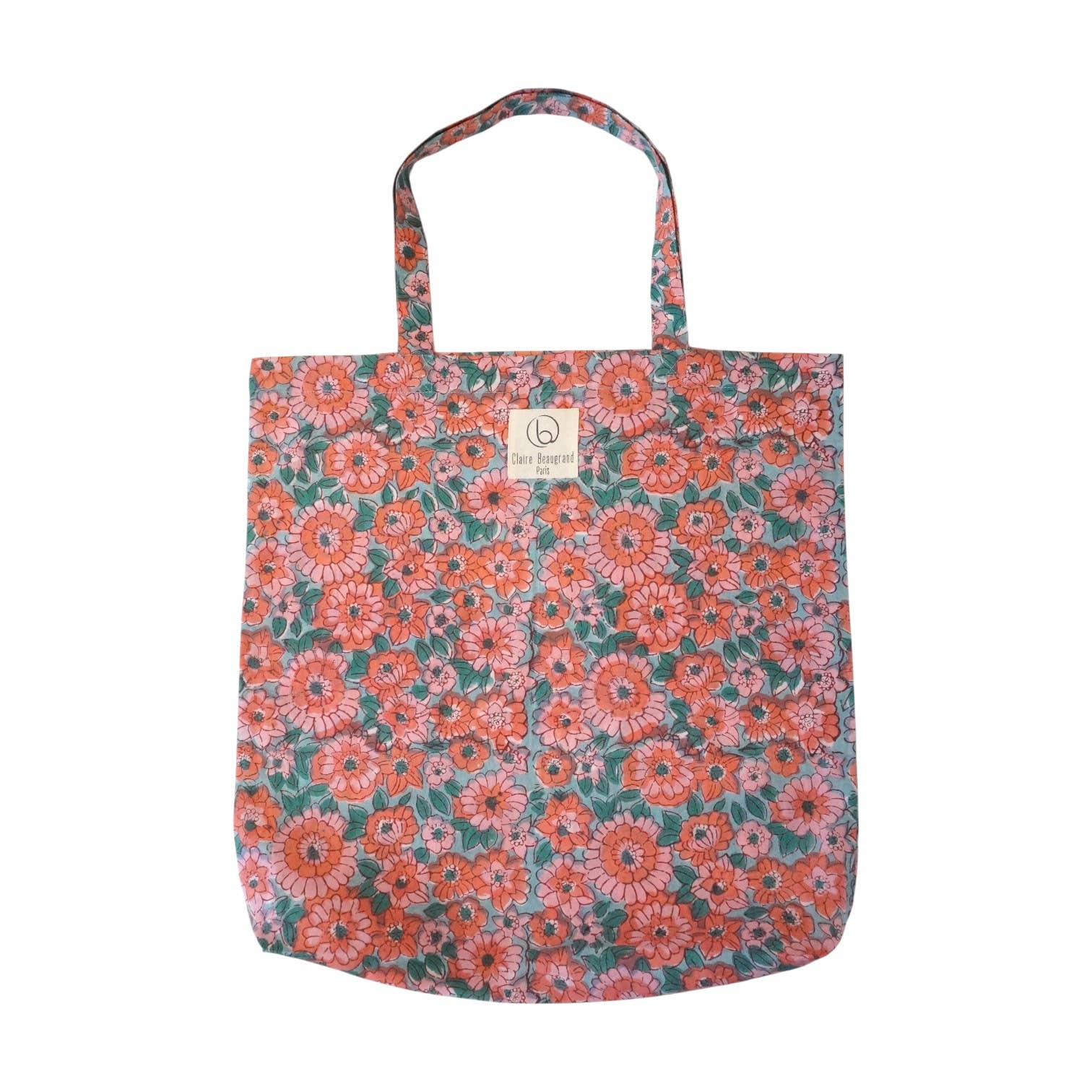Tote bag en coton imprimé fleuri corail, Claire Beaugrand