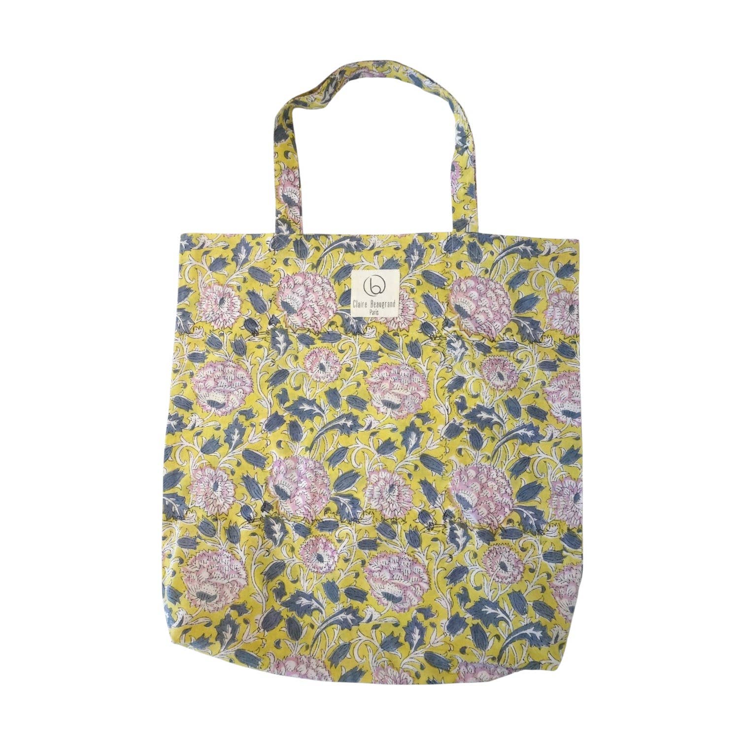 Tote bag en coton imprimé fleuri chartreuse et lilas, Claire Beaugrand