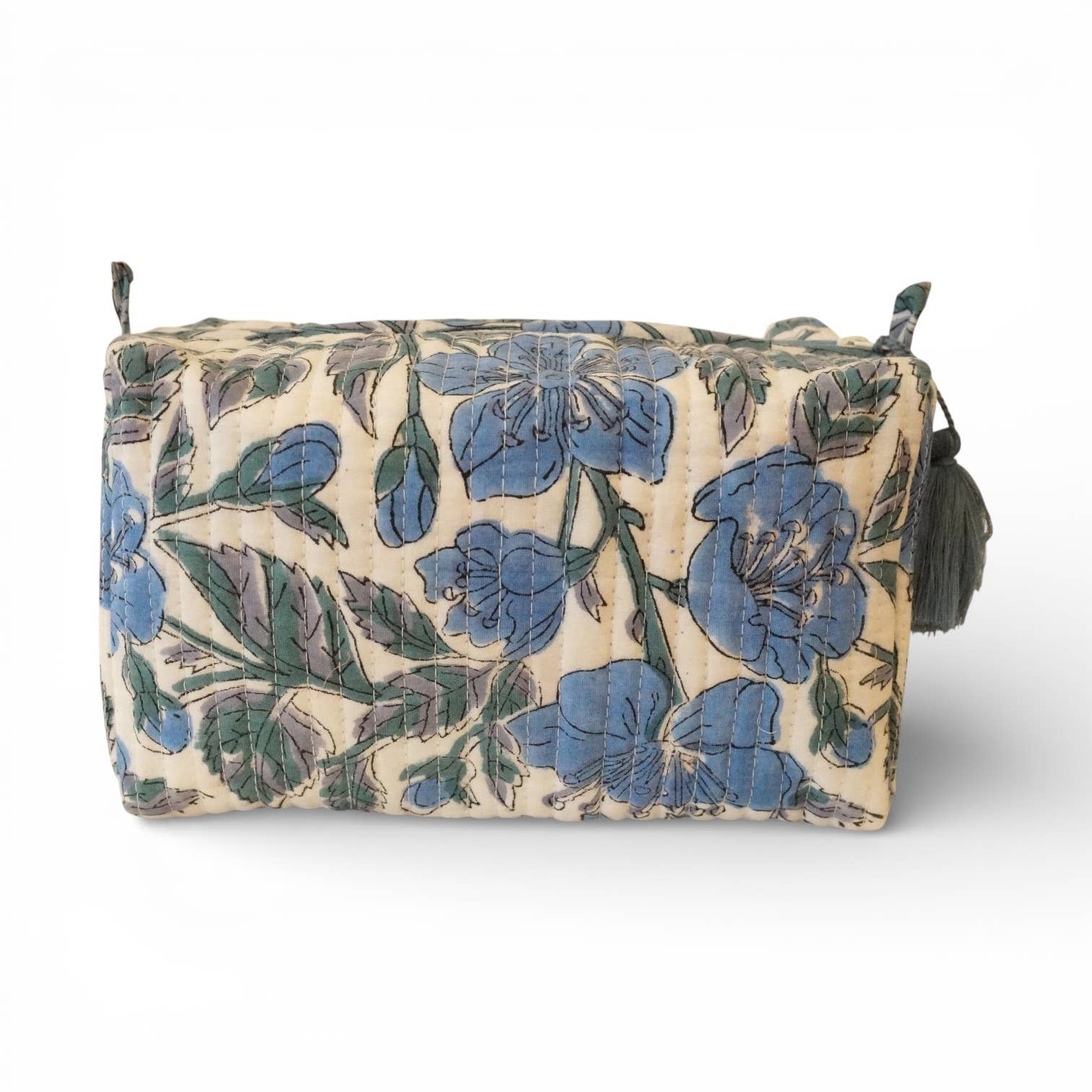 Trousse de toilette matelassée en coton imprimé crème et bleu n110, Claire Beaugrand