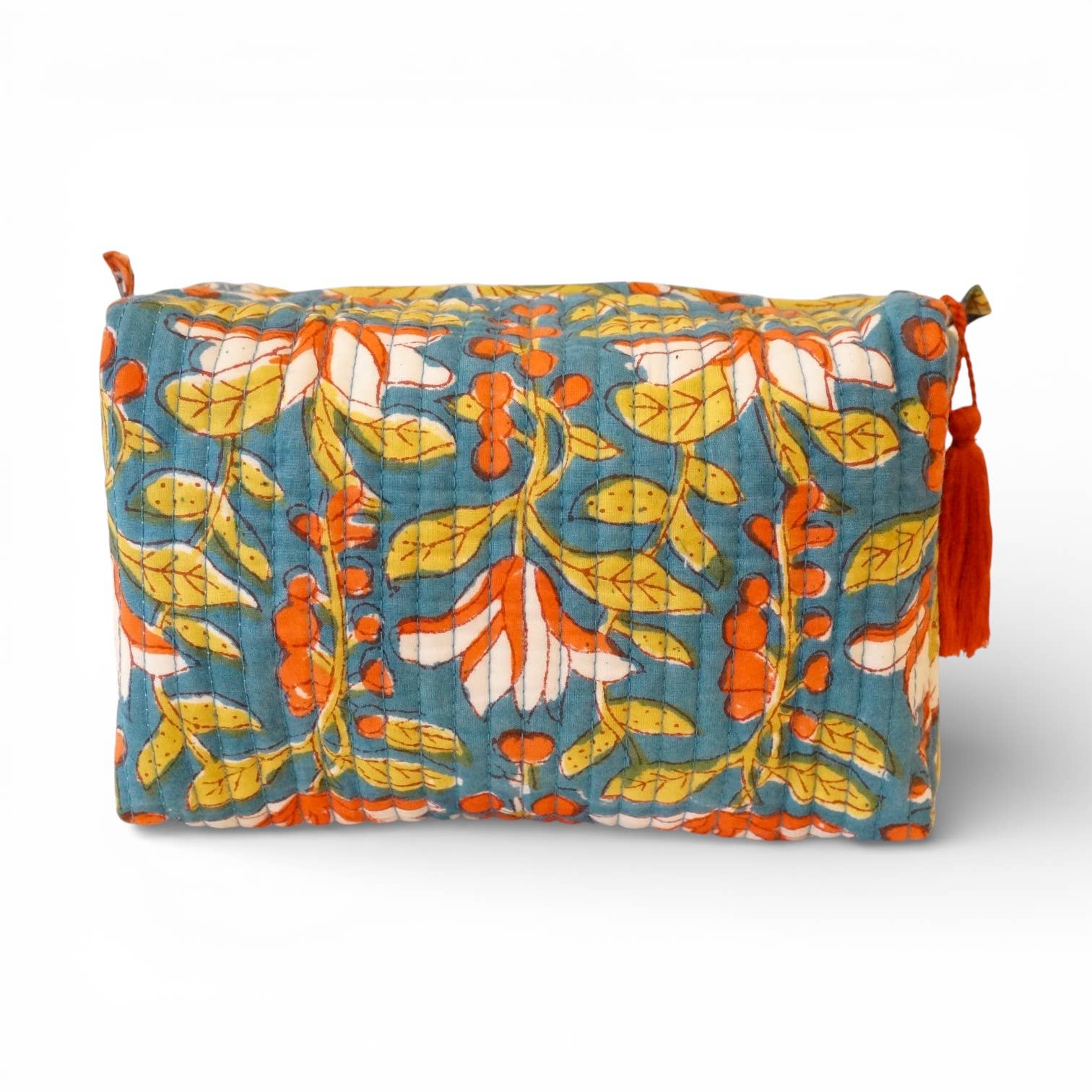 Trousse de toilette matelassée en coton imprimé bleu canard n124, Claire Beaugrand