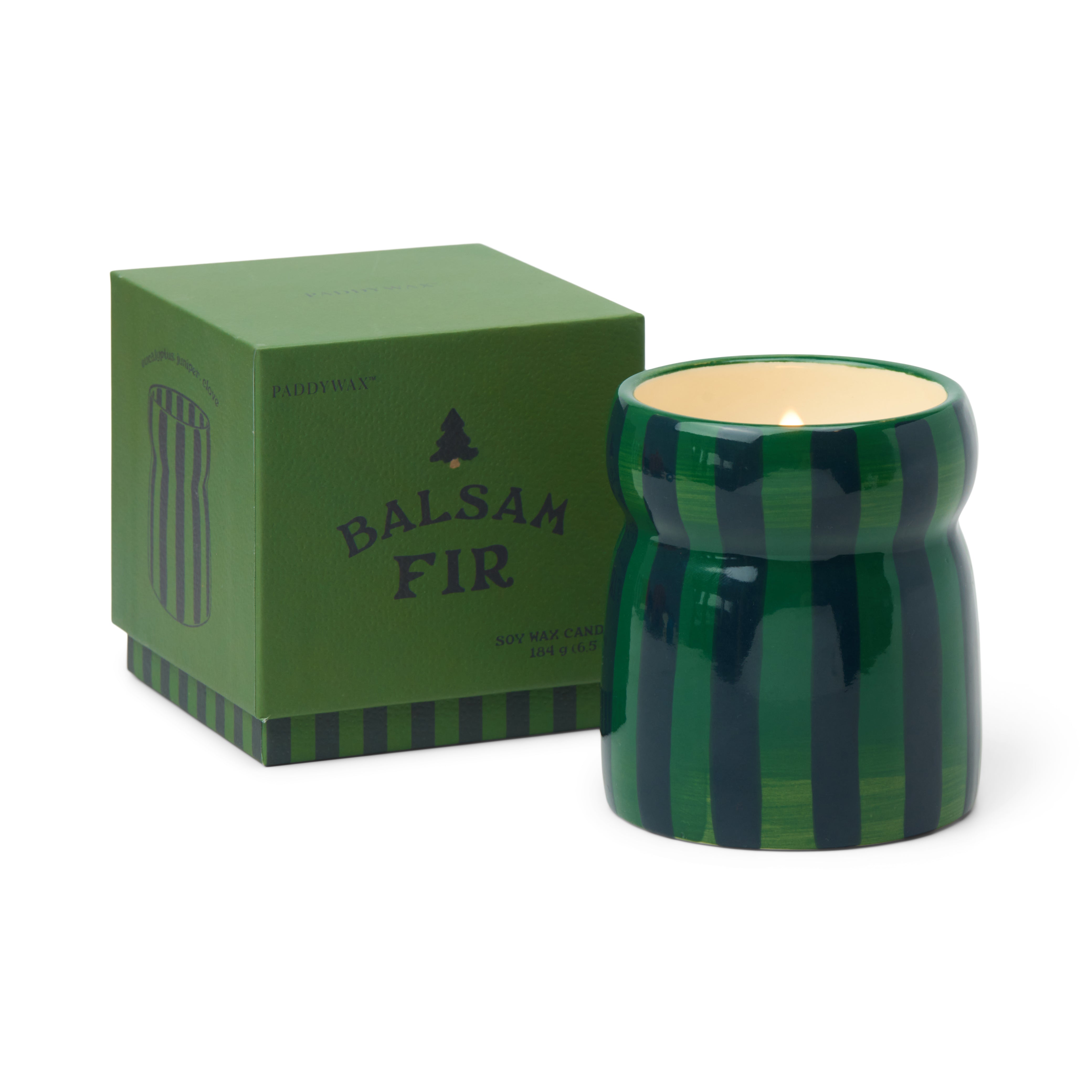Bougie rayée verte et bleue en céramique, Sapin baumier 184g