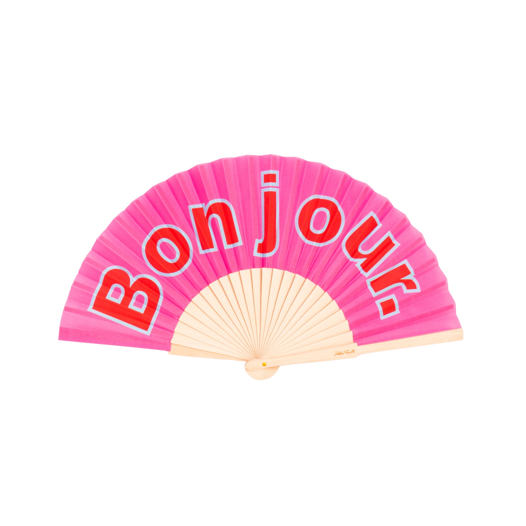 Eventail Bonjour Rose en bois