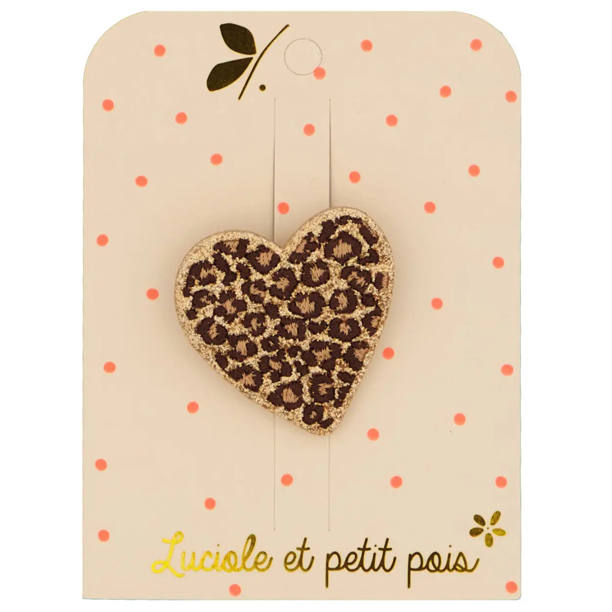 Broche cœur léopard pailletée Luciole et Petit Pois, bijou enfant à motif léopard doré et beige, à clipser sur veste, pull ou sac.