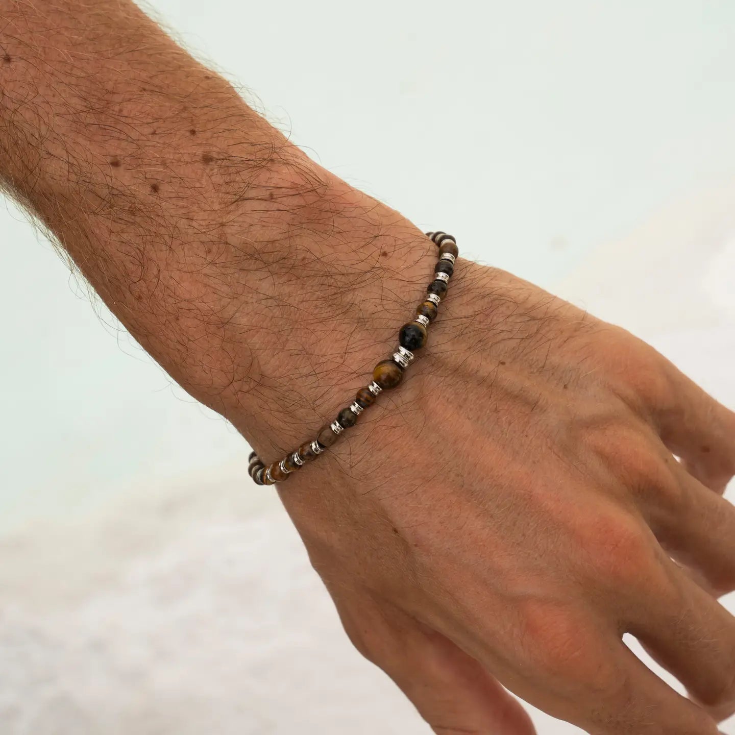 Bracelet de perles œil de tigre marron et argent