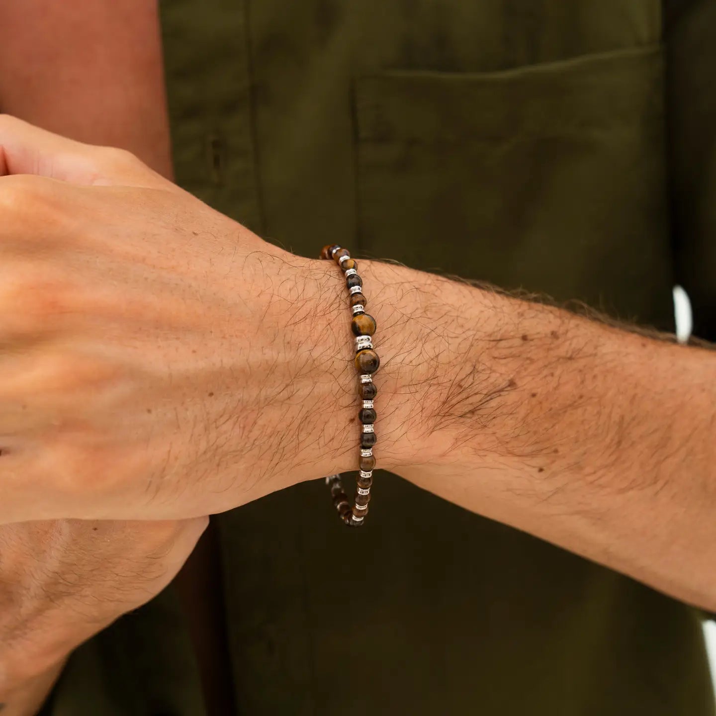 Bracelet de perles œil de tigre marron et argent