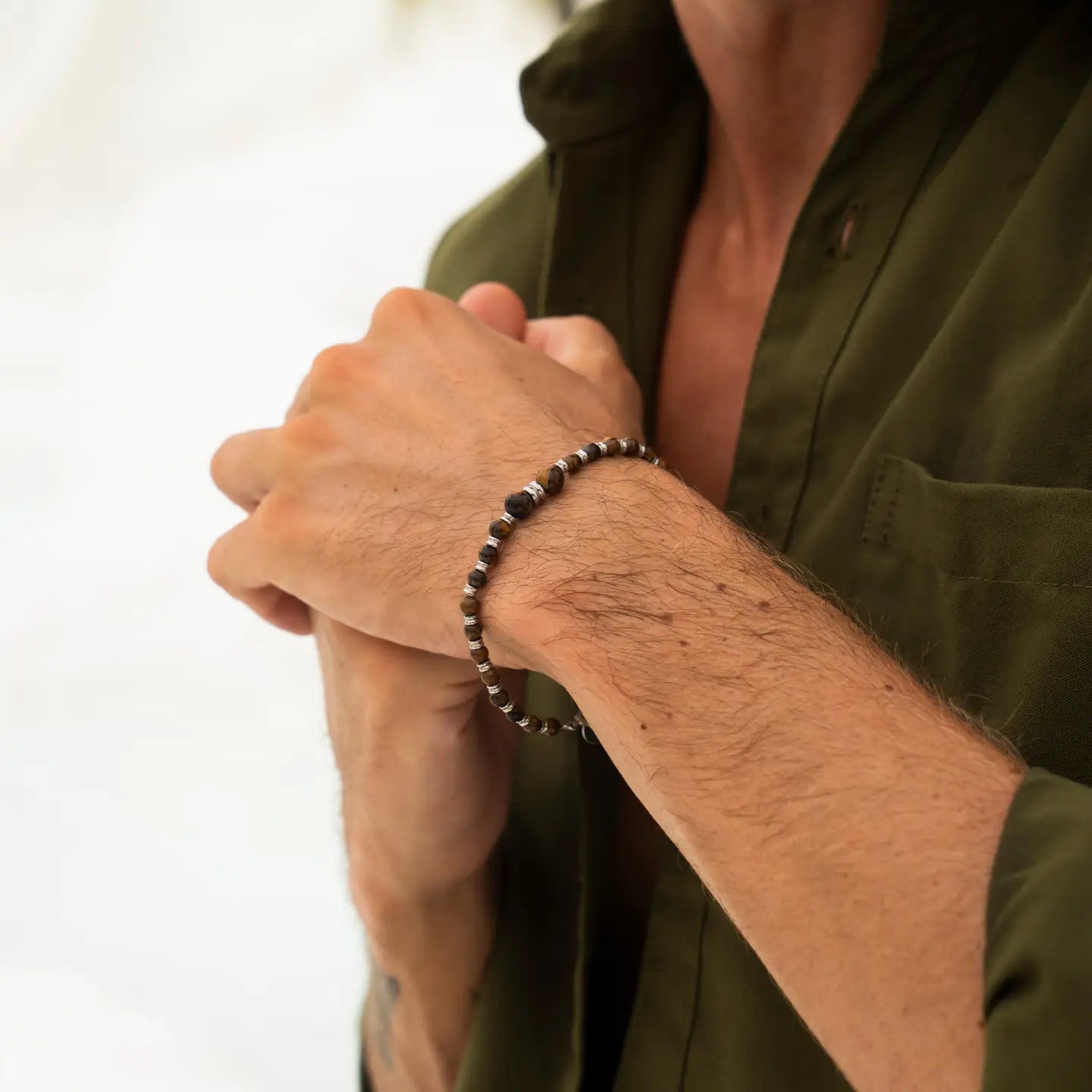 Bracelet de perles œil de tigre marron et argent