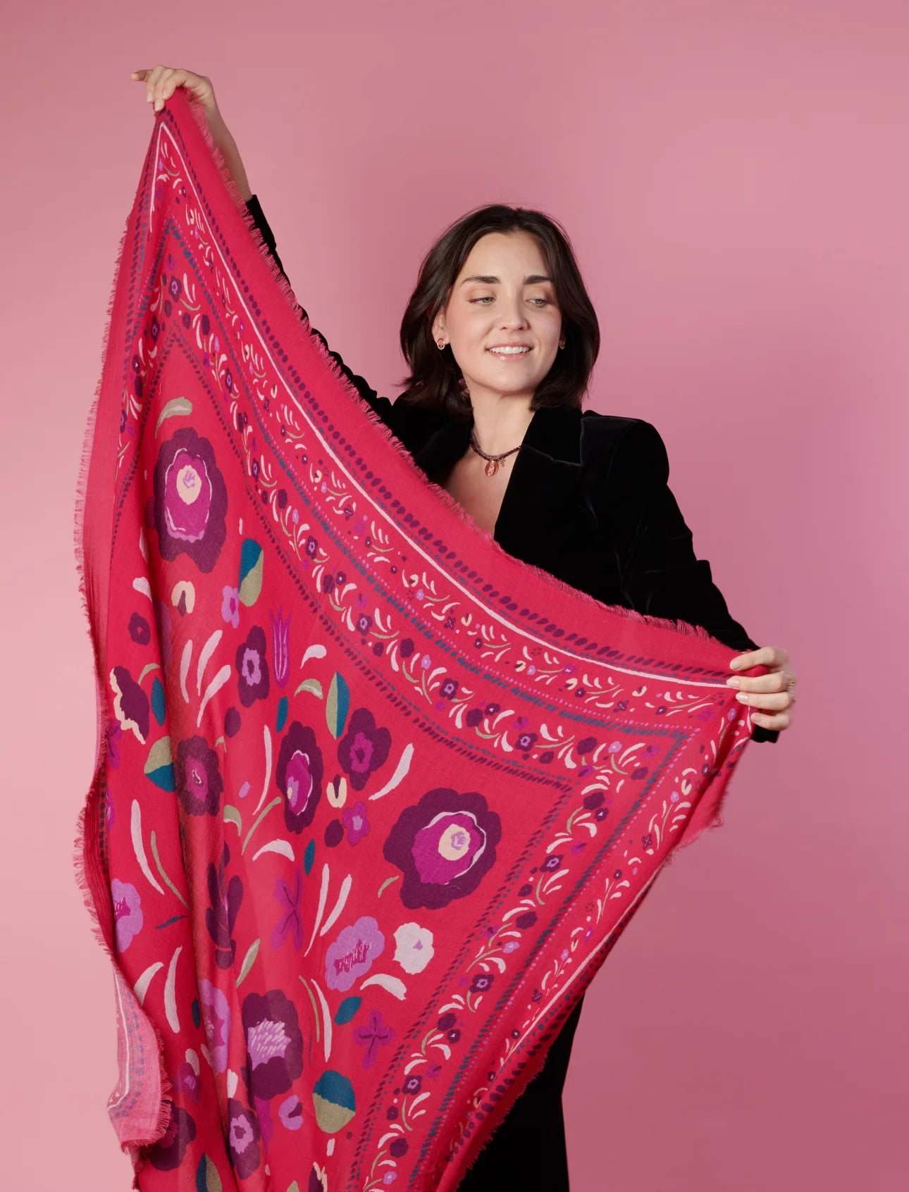 Foulard laine et soie Balkans fuchsia
