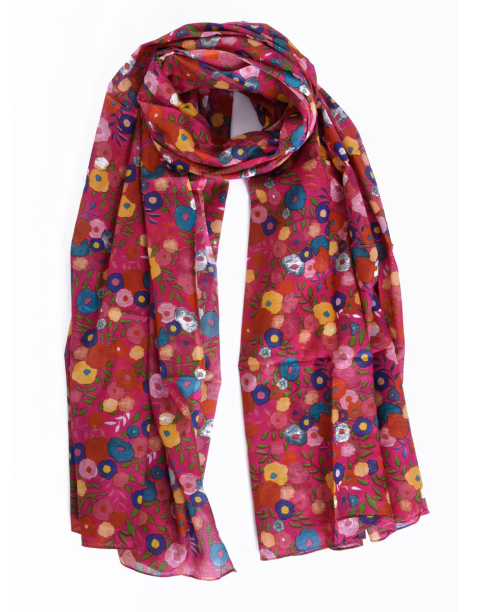 Multicolor Ranunculus Cotton Scarf in Deep Pink