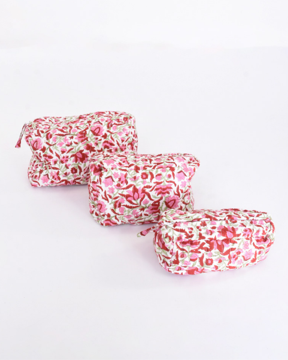 Trousse de toilette en coton matelassé block print, rose foncé