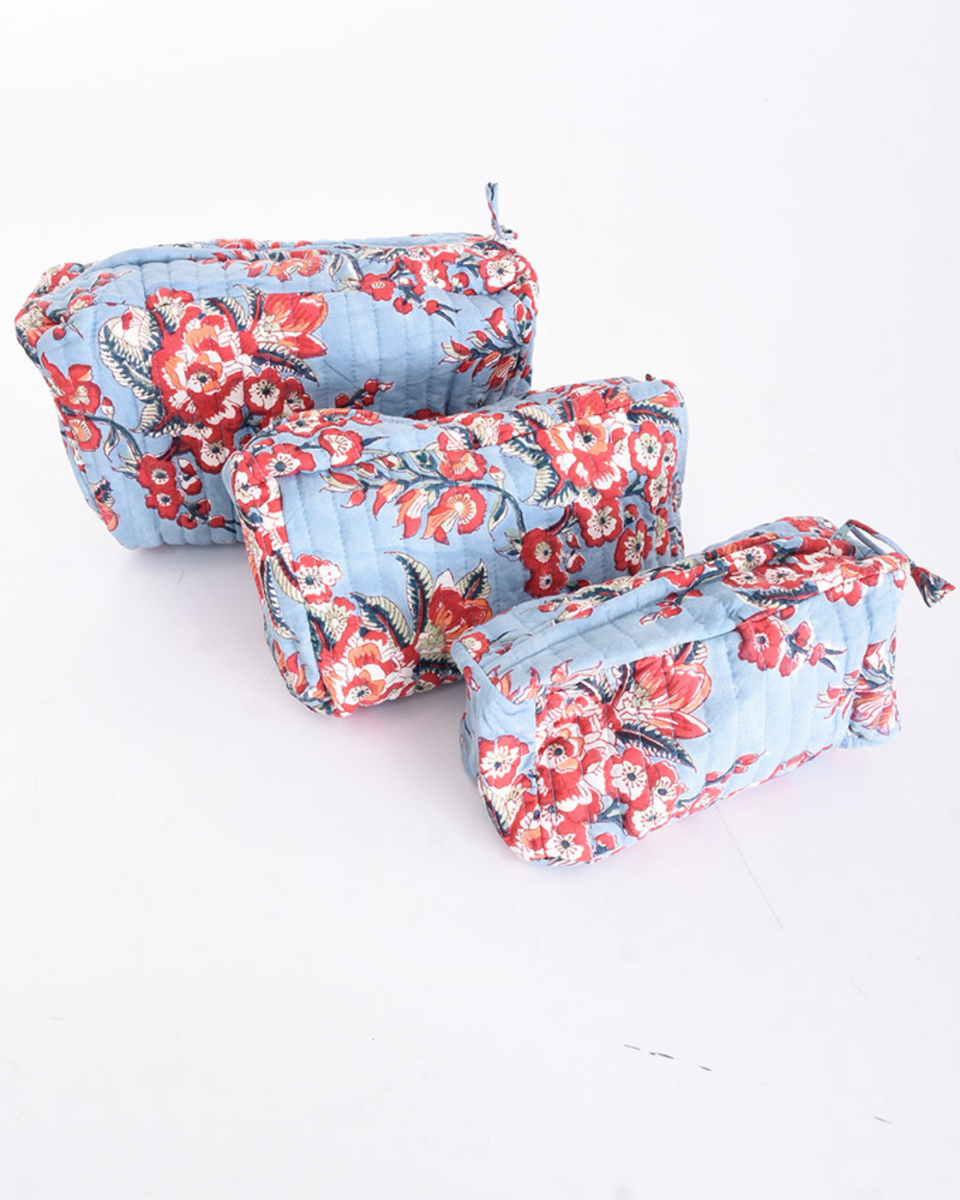 Trousse de toilette en coton matelassé block print, bleu clair