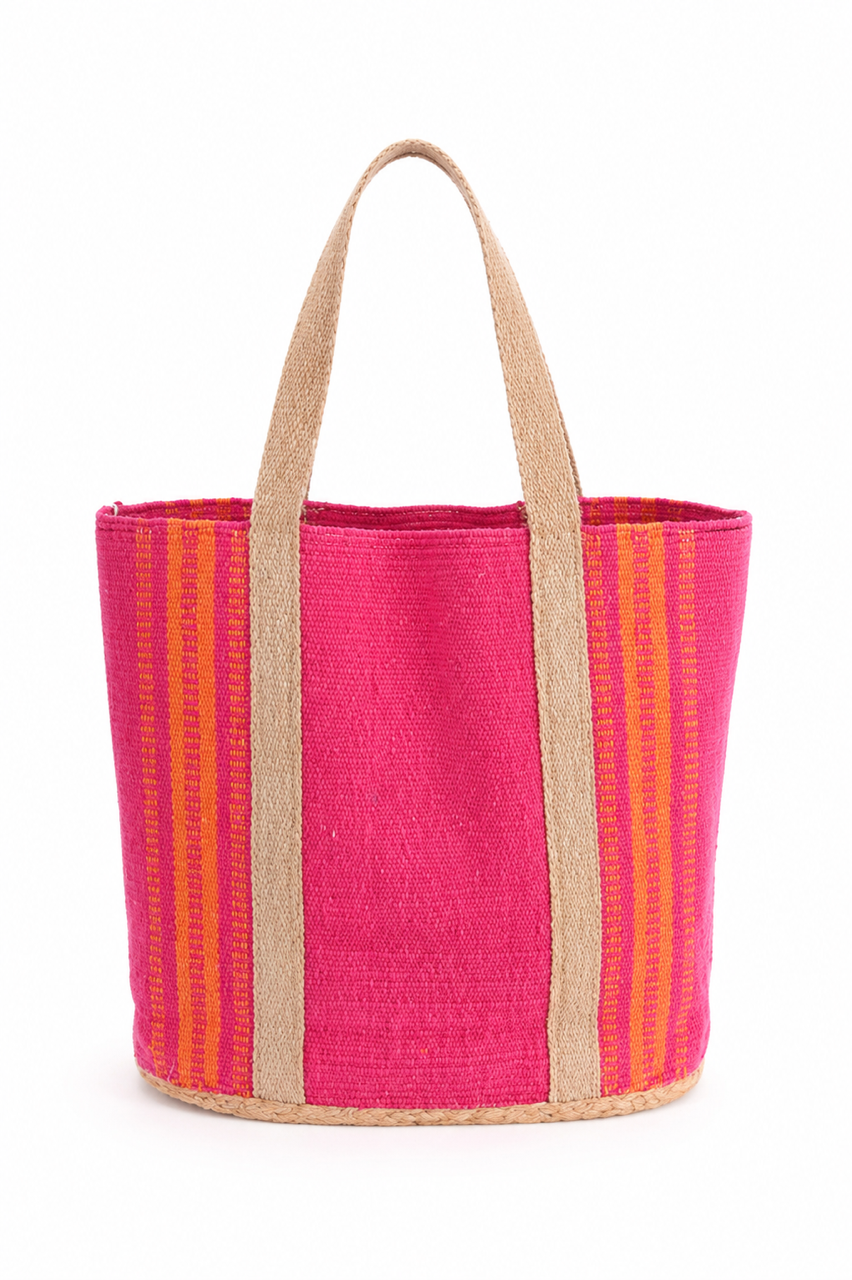 Sac cabas coton et jute rayé rose foncé