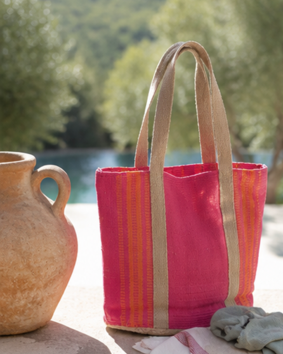 Sac cabas coton et jute rayé rose foncé