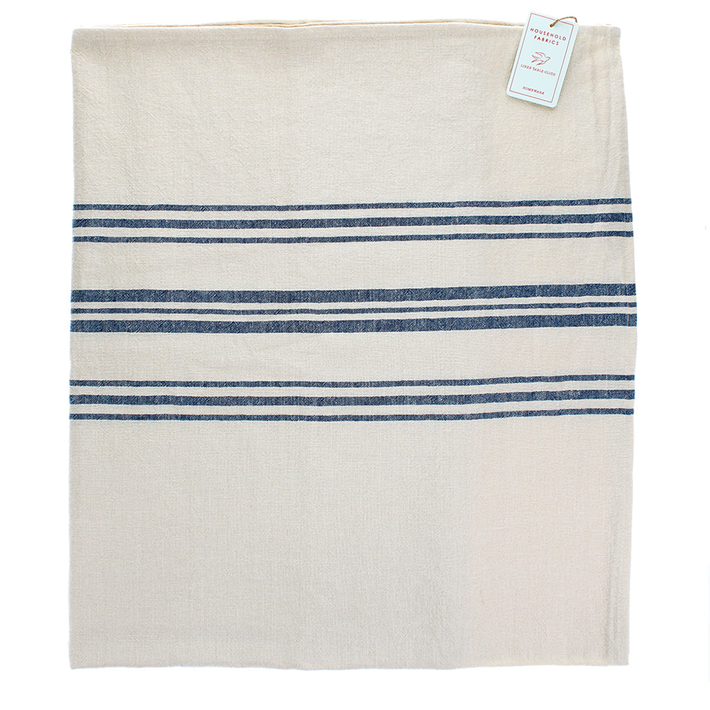 Nappe pur lin belge (120 x 180cm) avec rayures bleue