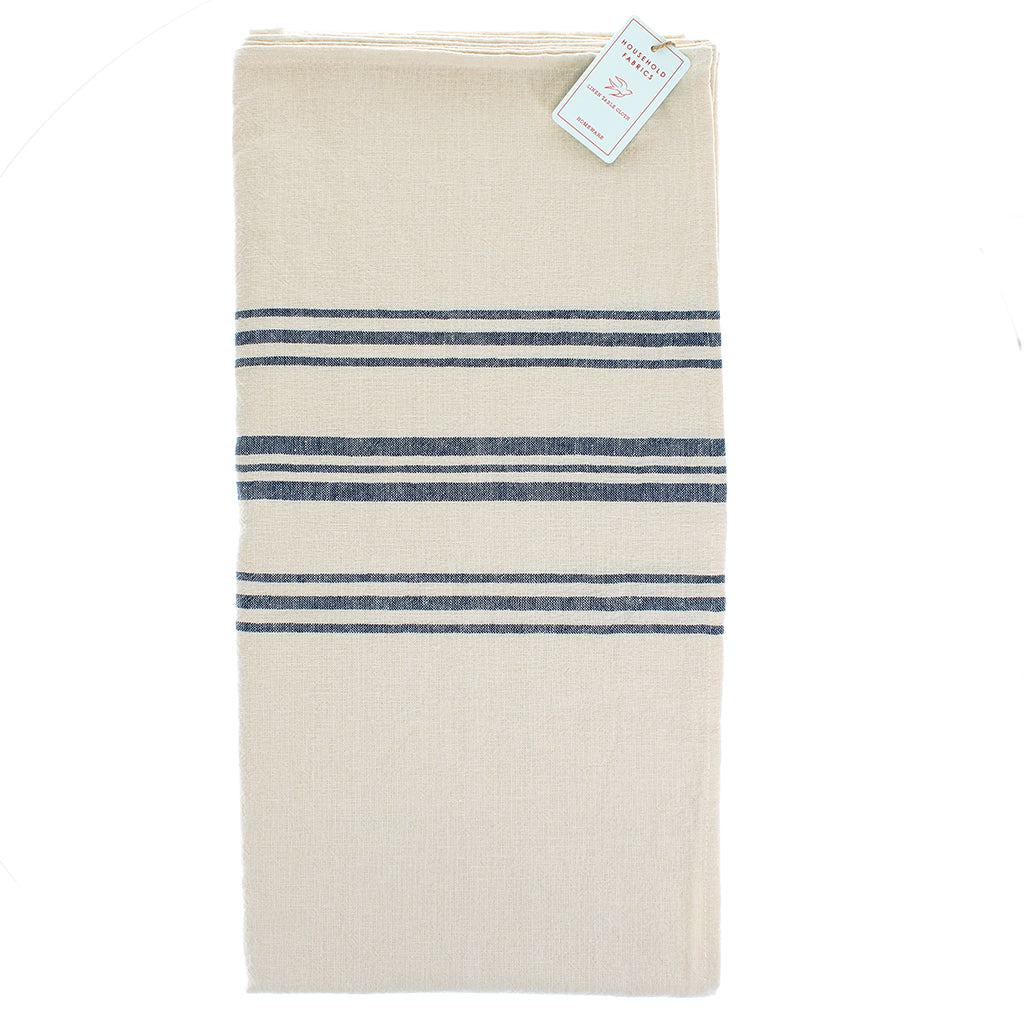 Nappe pur lin belge (120 x 180cm) avec rayures bleue