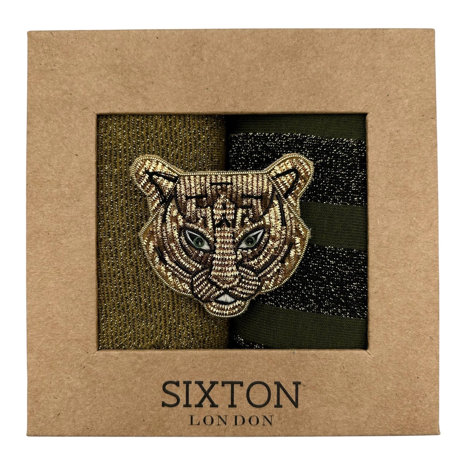 Coffret chaussettes Ivy Berlin & Tokyo Olive avec broche Tête de tigre