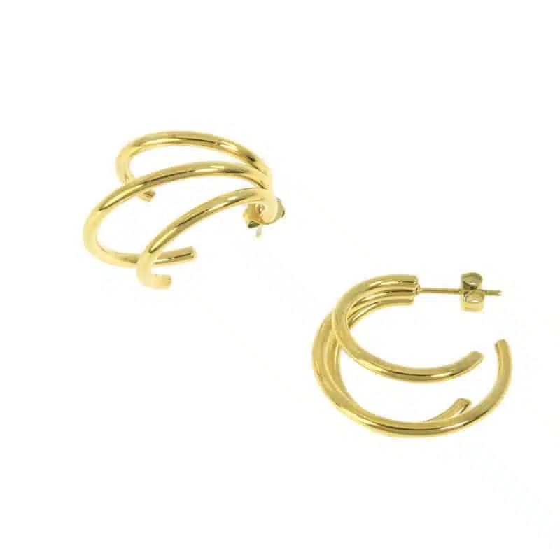 Gold stainless steel triple hoop earrings 25 mm minimalist layered design